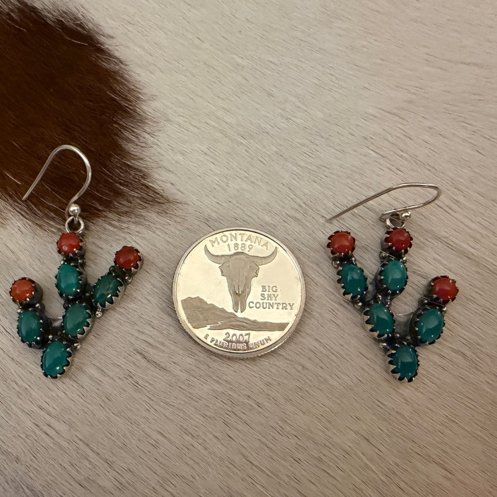 ❤️Kingman Turquoise Italian Coral Prickly Pear Cactus 925 Dangle Earrings 1.70”L - Picture 4 of 14